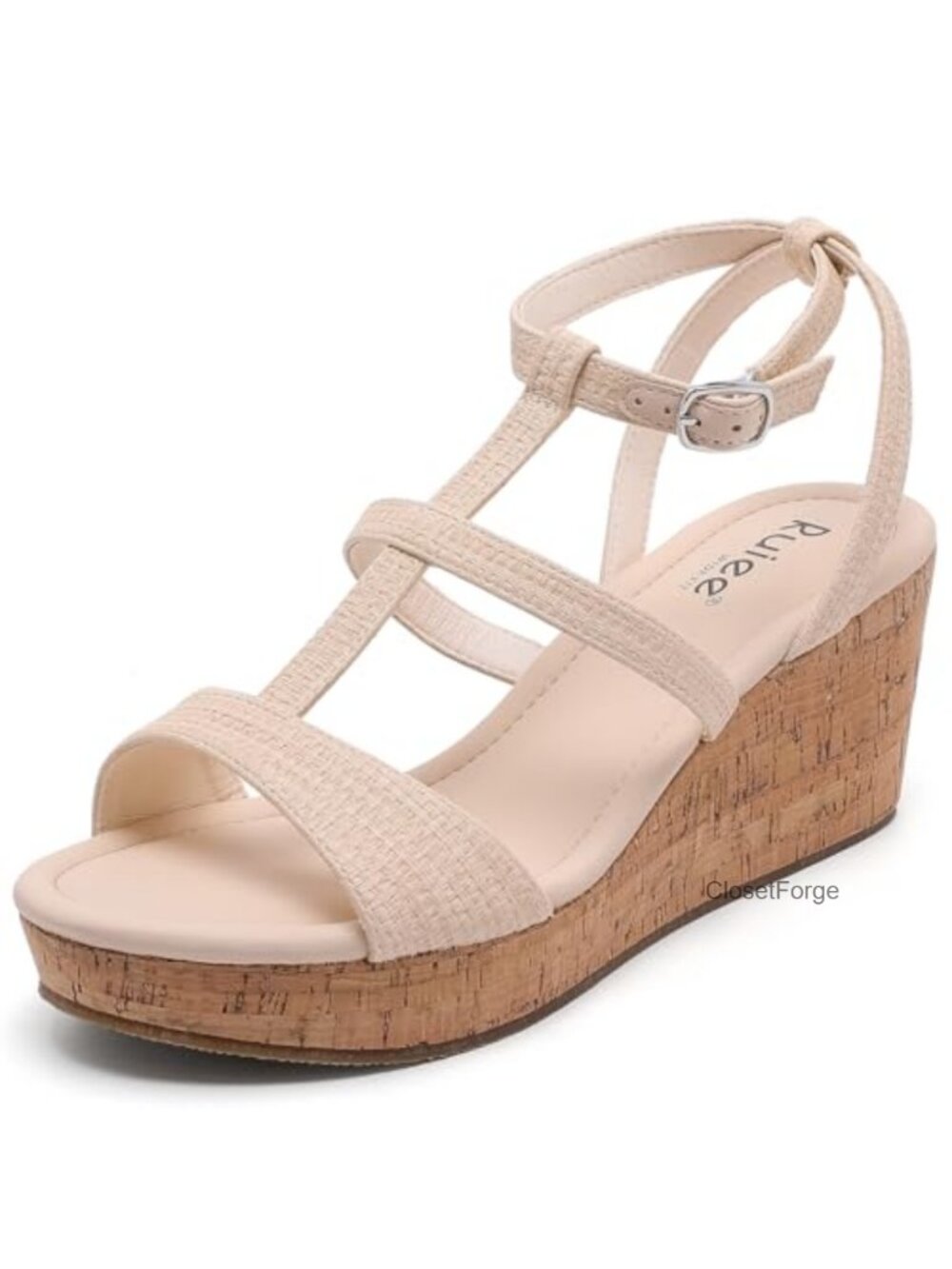 Wide Width Wedge Sandals Ankle Strap Faux Leather Women's